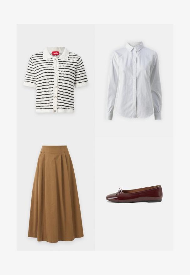 Cardigã de manga curta em padrão de listras preto e branco, feito de tecido de tricot texturizado, com colarinho e fecho frontal com botões.; Camisa branca de botão feita de algodão suave, com colarinho clássico, mangas longas e bainha curva. Os botões são pequenos e brancos.; Saia A-line de algodão castanho com cintura alta, apresentando pregas na parte da frente e uma textura suave. As bordas da bainha são limpas e simples.; Bailarinas em couro sintético borgonha com bico redondo, pequeno laço na frente e sola baixa em borracha preta. Textura suave.