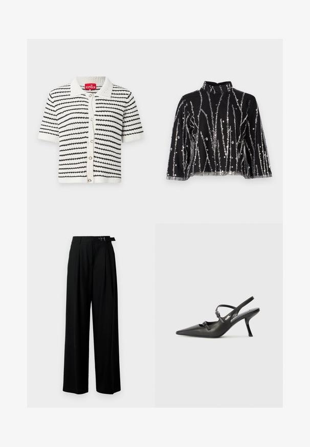 Cárdigan de manga corta con un patrón de rayas en blanco y negro, hecho de un tejido de punto texturizado, con cuello y cierre frontal de botones.; Top corto negro de cuello alto, con líneas verticales de lentejuelas plateadas, mangas transparentes y tejido texturizado.; Pantalones de pierna ancha negros con cintura alta, pliegues en la parte delantera y un cinturón con hebilla. Confeccionados con una tela suave y liviana.; Tacones slingback de cuero negro con punta afilada, tacón delgado y detalle decorativo de hebilla en la parte superior. Textura suave y diseño elegante.
