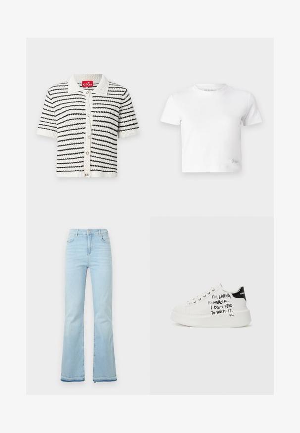 Kratki kardigan s kratkim rukavima u crno-bijelom prugastom uzorku, izrađen od teksturirane pletene tkanine, s ovratnikom i kopčanjem na gumbe sprijeda.; Bijela skraćena majica izrađena od glatkog pamuka, s visokim izrezom i kratkim rukavima. Mali izvezeni logo u donjem kutu.; Svijetloplave traperice s širim nogavicama, visokog struka, s prednjim džepovima i sirovim rubom na manžetama za ležeran izgled.; Bijele platform tenisice s crnim akcentima, s teksturiranom potplatom i ručno pisanom oznakom sa strane. Glatki kožni materijal.