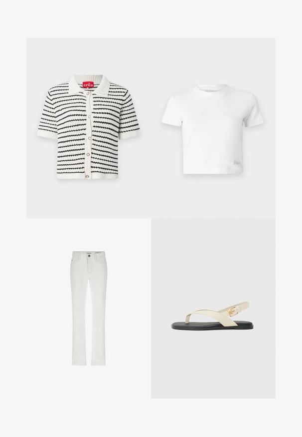 Krátkozrný svetr s černobílým pruhovaným vzorem, vyrobený z texturovaného pleteného materiálu, s límcem a zapínáním na předním díle na knoflíky.; Bílý zkrácený tričko z hladké bavlny, s vysokým výstřihem a krátkými rukávy. Malá vyšitá logo v dolním rohu.; Bílé džíny s úzkým střihem, designem se 5 kapsami a kontrastním šitím. Obsahují zapínání na knoflík a subtílní značkovou etiketu na pase.; Ploché sandály s černou podrážkou. Vrchní část má křížové řemínky v béžové barvě, s detailním zlatým sponou na kotníkovém řemínku. Hladká textura.