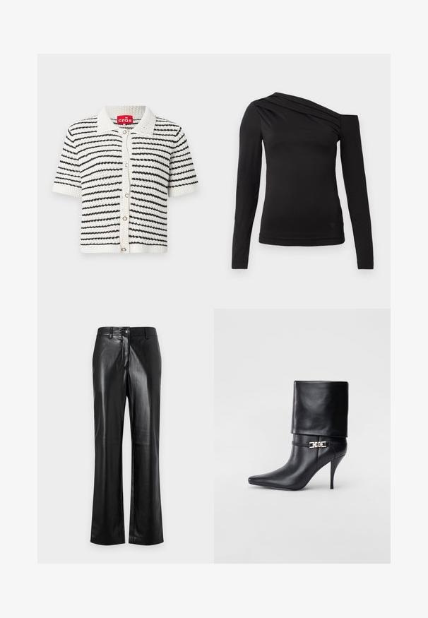 Īsām piedurknēm kardigāns ar melnbaltu svītrotu rakstu, izgatavots no teksturētas adītas auduma, ar apkakli un priekšējo pogu aizdari.; Melnas garām piedurknēm blūze ar asimetrisku kakla izgriezumu, kur viens plecs ir atklāts un maigā drapējuma akcenti krūšu daļā.; Melnas ādas bikses ar taisnu kāju dizainu, ar priekšējo pogu aizdari, jostas cilpiņām un gludu, spīdīgu tekstūru.; Melnas ādas potīšu zābaki ar smailu purngalu, augstu stiletto papēdi, salocītu aproci un zeltītu dekoratīvu sprādzi uz potītes.
