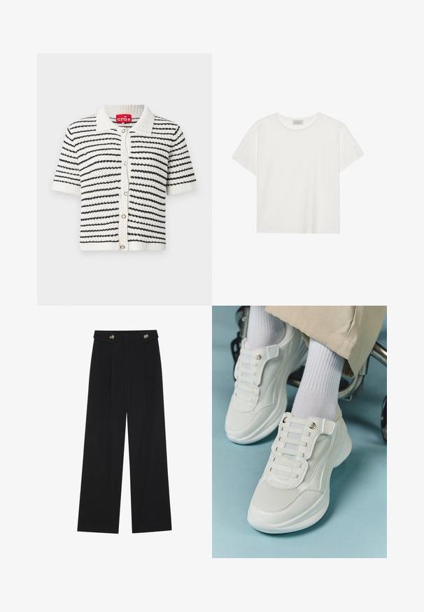 Korte mouwen cardigan in een zwart-wit gestreept patroon, gemaakt van gestructureerde brei-stof, met een kraag en een sluiting met knopen aan de voorkant.; Witte T-shirt met korte mouwen, gemaakt van zachte katoen. Heeft een ronde halslijn en een relaxte pasvorm. Schoon ontwerp zonder zichtbare patronen of accenten.; Zwarte wijde broek met hoge taille, knoopdetails op de tailleband en plooien aan de voorkant.; Witte sneakers met een mesh materiaal, rubberen zool, vetersloze uitvoering met elastische banden en gouden accenten.