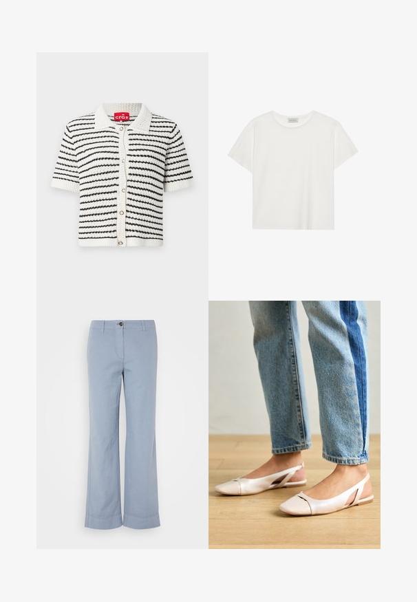 Krótka kardigan z rękawami w czarno-białe paski, wykonana z fakturowanej dzianiny, z kołnierzem i zapięciem na guziki z przodu.; Biała koszulka z krótkim rękawem wykonana z miękkiej bawełny. Posiada okrągły dekolt i luźny krój. Czysty design bez widocznych wzorów czy akcentów.; Jasnoniebieskie lniane spodnie o prostych nogawkach, z zapięciem na guzik i podwiniętym dołem. Gładka tekstura, zaprojektowane do codziennego noszenia.; Jasnoróżowe baleriny na odkrytej pięcie z wąskim noskiem, wykonane z gładkiego materiału imitującego skórę. Posiadają wycięcia po bokach oraz płaski obcas.