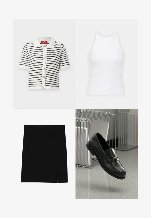 Krátkozrný svetr s černobílým pruhovaným vzorem, vyrobený z texturovaného pleteného materiálu, s límcem a zapínáním na předním díle na knoflíky.; Bílý bezrukávový top vyrobený z ribbed látky, s kulatým výstřihem a přiléhavým střihem, s minimem švů a bez ozdob.; Černá mini sukně z jemné tkaniny s přiléhavým střihem, která má mírný rozparek na boku pro přidaný detail.; Černé kožené mokasíny s hladkým povrchem, ozdobenými páskem a malým zlatým akcentem. Podešev je plochá s zaoblenou špičkou.
