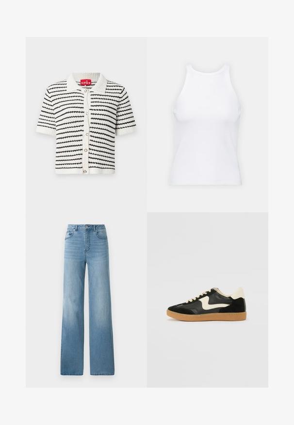 Cardigan cu mânecă scurtă, cu un model dungi alb-negru, fabricat dintr-un material tricotat texturat, având guler și închidere cu butoane pe față.; Top alb fără mâneci, confecționat din material ribbed, prezentând un decolteu rotund și o siluetă ajustată, cu cusături minime și fără ornamente.; Jeans decolorare deschisă, cu talie înaltă, cu un design drept. Confeționate din denim, cu cinci buzunare și închidere cu nasturi.; Tenisi din suede și piele negri cu un swoosh lateral de culoare crem și călcâi de un crem deschis. Prezintă șireturi bej și o talpă din rubber de tip gum.