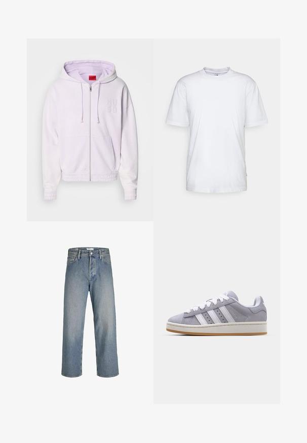 Sudadera morada con cremallera, con puños y dobladillo elásticos, que presenta el logotipo bordado "HUGO" en el pecho y capucha con cordón. Tejido suave y texturizado.; Camiseta de algodón blanca con cuello redondo, mangas cortas y dobladillo recto. Cuenta con una pequeña etiqueta de la marca en la costura lateral izquierda.; Jeans de mezclilla de color azul claro con un corte holgado, cintura alta y piernas rectas. Cuenta con bolsillos frontales y un cierre de botón metálico.; Zapatillas de ante gris con rayas blancas, punta redonda y suela de goma. Presentan perforaciones en el lateral y una lengüeta texturizada en el talón.