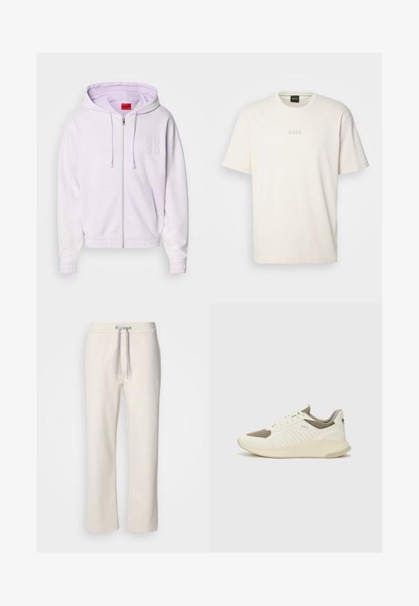 Lila zip-up hoodie med elastiska muddar och nederkant, som pryds av den broderade loggan "HUGO" på bröstet och en huva med dragsko. Mjuk, strukturerad tyg.; BOSS TEE - T-shirt - bas - open white; Krämfärgade avslappnade byxor med dragsko i midjan och raka ben, visade mot en neutral vit bakgrund.; Vit och ljusbeige atletisk sneaker med ett meshöverdrag, perforerade detaljer och en texturerad mellansula med varumärke på hälen.