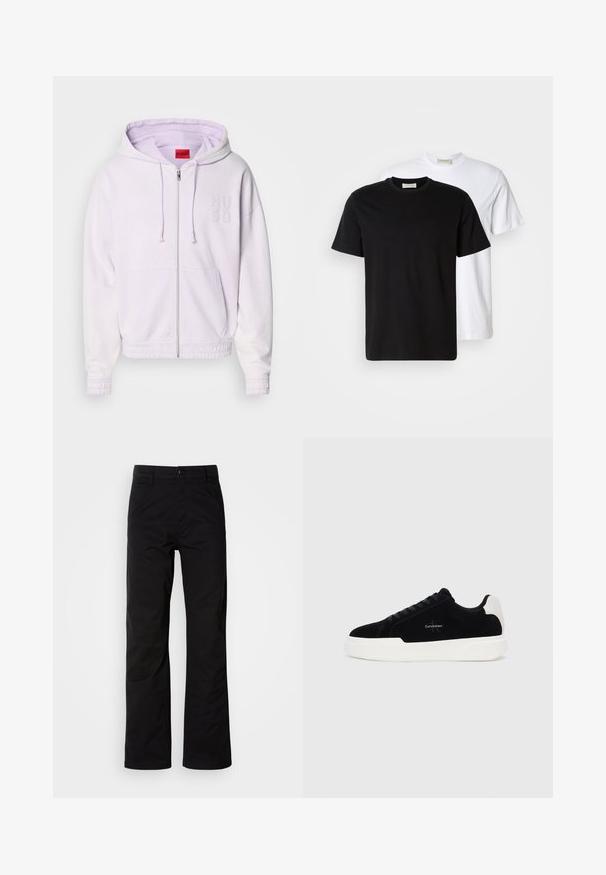 Purple zip-up hoodie with elastic cuffs and hem, featuring the embroidered logo "HUGO" on the chest and drawstring hood. Soft, textured fabric.; Two plain cotton T-shirts, one black placed in front of a white one, both with short sleeves and round necklines.; Black cotton pants with a straight-leg design, featuring a button closure and belt loops. Smooth texture and minimalistic style with no visible patterns.; Black low-top sneaker with white sole and heel tab, lace-up front, and Calvin Klein logo on side.
