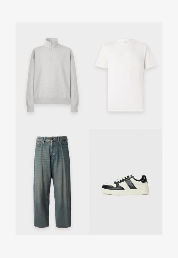 Felpa grigia chiara con zip e colletto alto, polsini e orlo a coste. Realizzata in un morbido tessuto testurizzato con una vestibilità rilassata.; T-shirt a maniche corte e collo rotondo in bianco sporco, realizzato in un morbido misto cotone con una finitura leggermente testurizzata e senza motivi o dettagli visibili.; Jeans di denim azzurro chiaro con vestibilità ampia, vita media e gambe dritte. Presenta cinque tasche, passanti per cintura e chiusura con bottone.; Sneakers in pelle con una combinazione di colori nero e crema, dotati di dettagli perforati, collare imbottito e suola testurizzata.