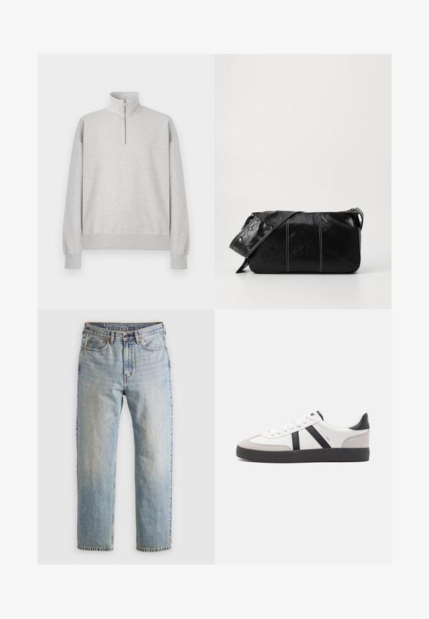Svetlošedá mikina na zips s vysokým golierom, rebrovanými manžetami a spodným okrajom. Vyrobená z mäkkého, textúrovaného materiálu s voľným strihom.; Krémové bavlnené tričko s krátkymi rukávmi a okrúhlym výstrihom. Obsahuje grafický potlač v modrej a červenej farbe s textom a motívom.; Svetlomodré džínsy s vysokým pásom, predným gombíkom, zipsom a dizajnom s piatimi vreckami, rozložené na neutrálnom pozadí.; Biele tenisky s čiernymi a šedými akcentmi, s textúrovanou šedou špičkou, čiernou gumovou podrážkou a plochými bielymi šnúrkami. Čistý dizajn, minimalistický štýl.; Čierna kožená kabelka cez plece so zipsovým uzáverom, so štruktúrovaným telom, bielym prešívaním a popruhom so striebornými očkami.