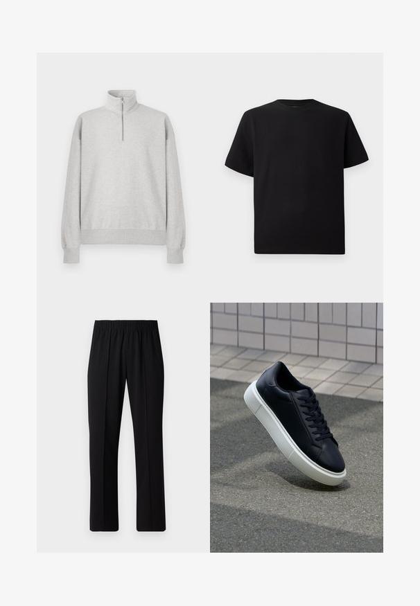 Light grey zip-up sweatshirt with a high collar, ribbed cuffs, and hem. Made from soft, textured fabric with a relaxed fit.; Black short-sleeve T-shirt made of textured fabric, featuring a round neckline and a relaxed fit. Simple, no patterns or accents.; Black, elastic-waist trousers with a straight-leg design, featuring a smooth texture and no visible patterns or hardware.; Black leather sneaker with rounded toe and white rubber sole. Features flat laces and minimal stitching on the upper. Textured sole for grip.