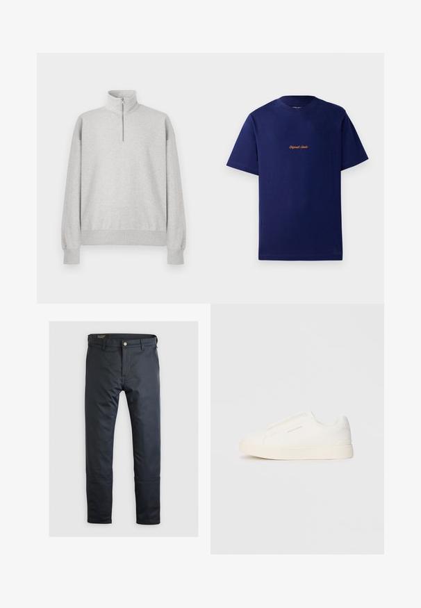 Felpa grigia chiara con zip e colletto alto, polsini e orlo a coste. Realizzata in un morbido tessuto testurizzato con una vestibilità rilassata.; Maglietta in cotone blu navy con maniche corte. Presenta un piccolo logo ricamato arancione sul petto. Design classico con colletto a girocollo.; Pantaloni blu navy realizzati in tessuto liscio, con chiusura a bottone, passanti per la cintura e dettagli di cucitura discreti; design classico a gamba dritta.; Sneakers bianchi slip-on con superficie texturizzata, suola spessa e design minimalista. Presentano il logo del marchio sul lato.