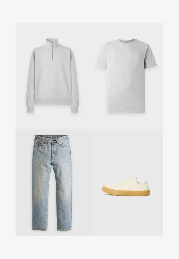 Heledat hallik zip-up kapuutsärk, millel on kõrge krae, soonikused varrukatel ja alläärel. Valmistatud pehmest, tekstureeritud kangast, millel on vaba ja mugav lõige.; Ühtlane heledahall lühikeste varrukatega ümmarguse kaelusega T-särk, esiplaanil, valge tausta ees, ilma nähtavate logode või kujunditeta.; Heledad hele sinine teksapükste kõrge vöökoht, ees nupuga, lukuga ja viie taskuga disain, asetatud tasasele neutraalsele taustale.; Kangasneakerid kreemjas valges, ümmarguse varbaga, beeži kummitaldaga ja viie silmaga paelte jaoks, tekstuurse viimistlusega ülaserv.