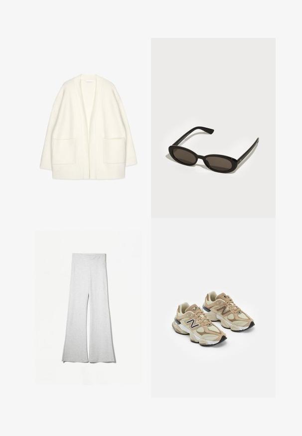 Weißer Wollcardigan mit lockerer Passform, offenem Vorderteil, gerippten Bündchen und zwei vorderen aufgesetzten Taschen. Strukturierter Stoff mit weichem Finish.; Langärmliges weißes Hemd mit weitem Ausschnitt, aus weichem Stoff. Sanfte Textur, gerader Saum und keine sichtbaren Beschläge oder Muster.; Helle graue weite Hose aus weichem Stoff, mit hohem Taillenbund und seitlichen Schlitzen für zusätzlichen Fluss und Komfort.; Beige Sneaker aus Mesh- und Wildledermaterialien. Mit einem schwarzen Logo und strukturierten Akzenten. Dicke weiße Zwischensohle und schwarze Gummisohle.; Schwarze Sonnenbrille mit ovalen, halbrandlosen Gläsern. Glänzende Rahmen und schlanke Bügel. Dunkel getönte Gläser mit minimalen Hardware-Details.