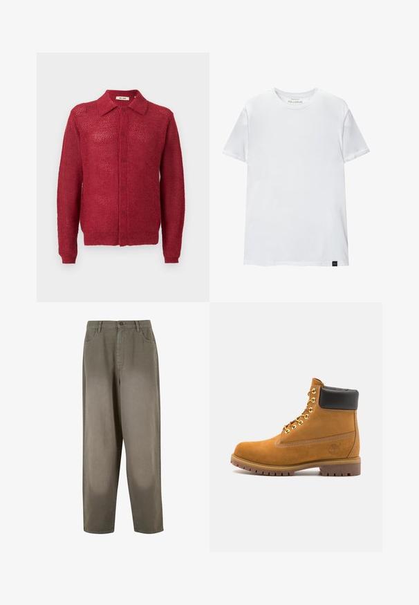 Červený pletený cardigan s gombíkmi na prednej strane, golierom a rebrovanými manžetami. Má otvorený spletaný vzor a voľný strih.; Biela tričko priliehajúceho strihu vyrobené z bavlny. Okrúhly výstrih, krátke rukávy, hladká textúra. Malá čierna nášivka s logom na lemovaní. Jednoduchý dizajn.; Svetlozelené nohavice širokého strihu vyrobené z jemného materiálu. Obsahujú zapínanie na gombík, predné vrecká a hladkú celkovú textúru.; Tyrkysové semišové členkové topánky s čiernym polstrovaným golierom, zlatými kovovými očkami, bielym prešívaním a robustnou gumovou podrážkou s výraznými drážkami.