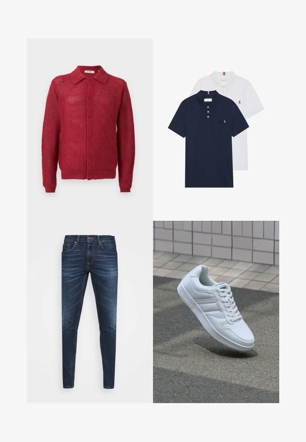 Röd stickad cardigan med knäppning fram, krage och ribbad mudd. Har ett öppet vävmönster och en avslappnad passform.; Två polo t-shirts: en marinblå och en vit, båda med en liten röd, vit och blå detalj på bröstfickan och kragen.; Mörkblå denimjeans med smal passform, subtilt blekning, fem fickor och metallknappstängning. Sömnadsdetaljer i kontrasterande färg.; Vit atletisk sneakers med slätt läderöverdel, snörning fram, perforerad tå och mönstrad sula. Minimalistisk design med tre sidostycken.