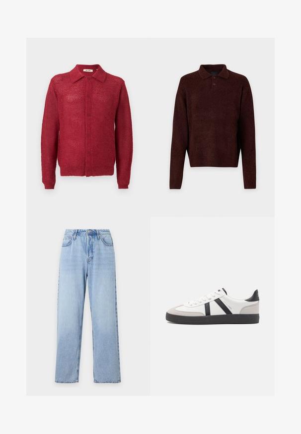 Czerwona dziergana kamizelka z zapięciem na guziki z przodu, kołnierzykiem oraz ściągaczami na mankietach. Charakteryzuje się otwartym splotem i luźnym krojem.; Brązowy sweter robiony na drutach z kołnierzykiem polo, trzema guzikami przy szyi i długimi rękawami. Miękka faktura, ściągacze na rękawach i u dołu.; Jasnoniebieskie dżinsy o prostym kroju, wysoki stan, pięć kieszeni oraz zapięcie na górny guzik. Posiadają przetartą fakturę i kontrastowe szwy.; Białe sneakersy z czarnymi i szarymi akcentami, z teksturowanym szarym czubkiem, czarną gumową podeszwą i płaskimi białymi sznurowadłami. Czysty design, minimalistyczny styl.