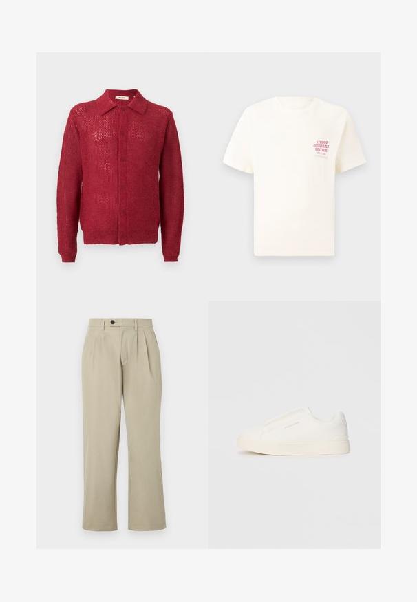 Červený pletený kardigán s předním zapínáním na knoflíky, límečkem a žebrovanými manžetami. Obsahuje otevřenou pletenou strukturu a volný střih.; Bílý krátký rukávový tričko s červeným textem "Studio Originals Edition" na levé hrudi, vystavené na neutrálním šedém pozadí.; Beige kalhoty s volným střihem, s plisováním, zapínáním na knoflík, bočními kapsami a rovnými nohavicemi. Hladká struktura materiálu.; Bílé slip-on tenisky s texturovaným povrchem, silnou podešví a minimalistickým designem. Na boku je umístěno logo značky.