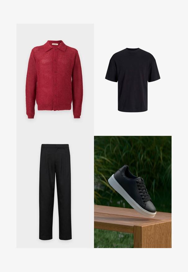 Raudona megzta kardiganas su mygtukų užsegimu, apykakle ir guminėmis rankogaliais. Pasižymi atviru audiniu ir laisvu kirpimu.; Juodas medvilninis marškinėlis su apvaliu iškirpimu, trumpomis rankovėmis ir laisvu siluetu. Glotni tekstūra, be matomų raštų ar akcentų.; Juodi kelnių modeliai, pagaminti iš lygios medžiagos, turi tiesią kojas, du priekiniai klostės ir standartinę juosmenį su diržo kilpomis.; Juodas odinis sportbačių modelis su lygiu paviršiumi, baltu guminio pado ir šešiomis skylutėmis raišteliams, eksponuojamas ant medinės paviršiaus.