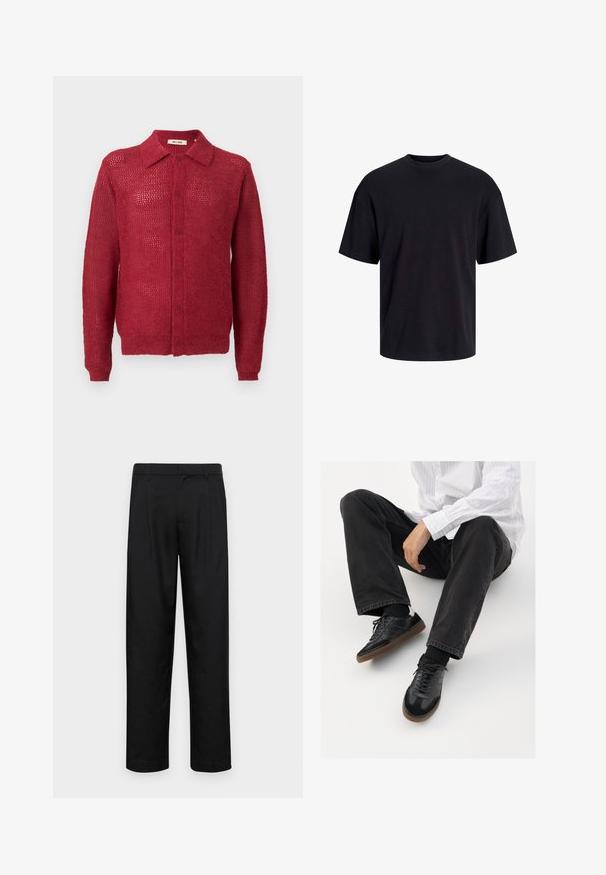 Roter gestrickter Cardigan mit Knöpfen vorne, Kragen und gerippten Bündchen. Verfügt über ein offenes Strickmuster und eine lockere Passform.; Schwarzes Baumwoll-T-Shirt mit Rundhalsausschnitt, kurzen Ärmeln und lässiger Passform. Glatte Oberflächenstruktur und keine sichtbaren Muster oder Akzente.; Schwarze Hose aus glattem Stoff, mit geradem Bein Design, zwei vorderen Falten und einem Standardbund mit Gürtelschlaufen.; Schwarze Sneakers mit einer glatten und strukturierten Oberfläche, ausgestattet mit einer Gummisohle und dunklen Schnürsenkeln. Kombiniert mit schwarzen Jeans und einem gestreiften weißen Hemd.