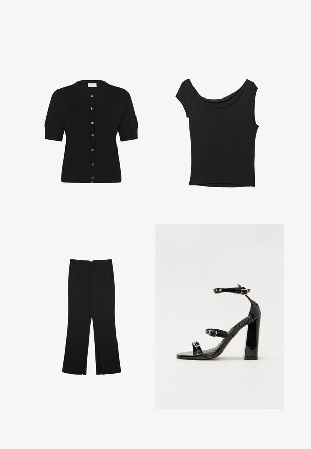 Sort kortærmet cardigan lavet af blødt strikstof, med en rund halsudskæring og seks sølvknapper foran.; Sort kortærmet top lavet af glat stof; har en draperet halsudskæring og en asymmetrisk kant, med en tætsiddende pasform.; Sorte bukser med lige pasform, der har frontlommer og slidser i kanten. Lavet af blødt, glat stof. Velegnet til forskellige anledninger.; Sorte patenterede hælsandaler med firkantet tå, ankelremme og sølvspænder. Har en chunky blokHæl for stabilitet.