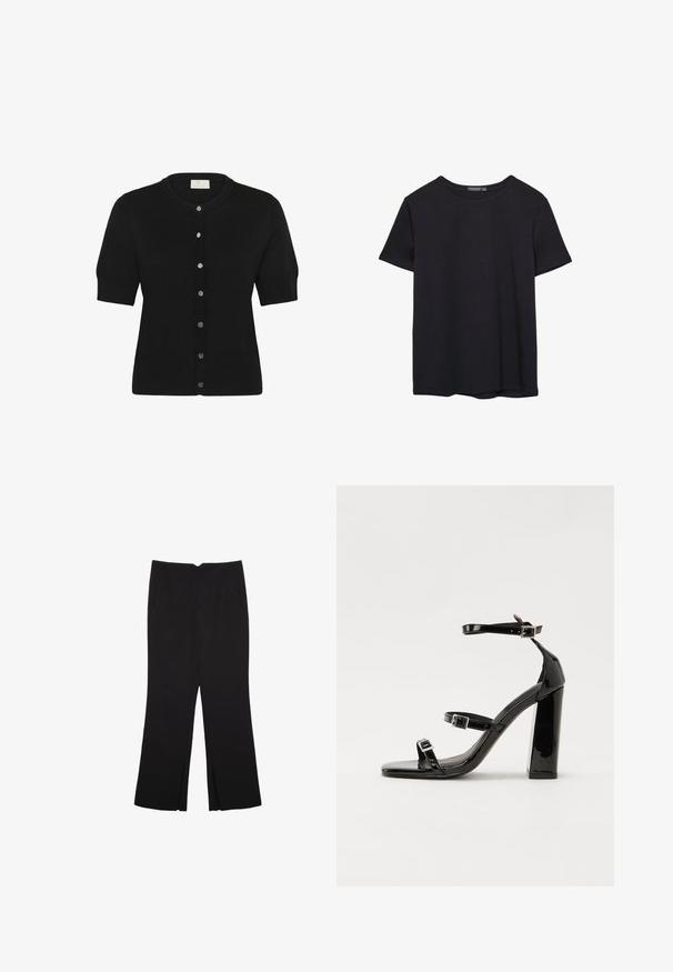 Black short-sleeve cardigan made of soft knit fabric, featuring a round neckline and six silver buttons along the front.; Plain short-sleeve black cotton T-shirt with crew neck, displayed on a white background.; Black trousers with a straight fit, featuring front pockets and side slits at the hem. Made of soft, smooth fabric. Suitable for various occasions.; Black patent heeled sandals with a square toe, ankle straps, and silver buckles. Features a chunky block heel for stability.