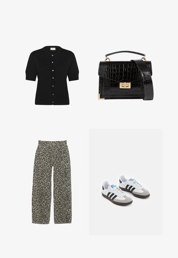 Cardigan corto nero a maniche corte realizzato in morbido tessuto a maglia, con scollo rotondo e sei bottoni argentati lungo la parte anteriore.; Tessuto di cotone nero con una texture liscia e scollatura rotonda, caratterizzato da un motivo a grana sottile e uniforme. Nessun logo o accento visibile.; Pantaloni a gamba larga con stampa leopardata in una combinazione di colori beige e nera neutra. Presentano un'alta vita, cinque tasche e chiusura con bottone.; Scarpe sportive con tomaia in pelle bianca, punta in suede grigia e tre strisce nere. Presentano un logo blu sulla linguetta e una suola in gomma testurizzata.; Borsa a tracolla nera in pelle verniciata con texture a coccodrillo, hardware dorato, manico superiore e una tracolla removibile. Forma rettangolare con chiusura a patta.