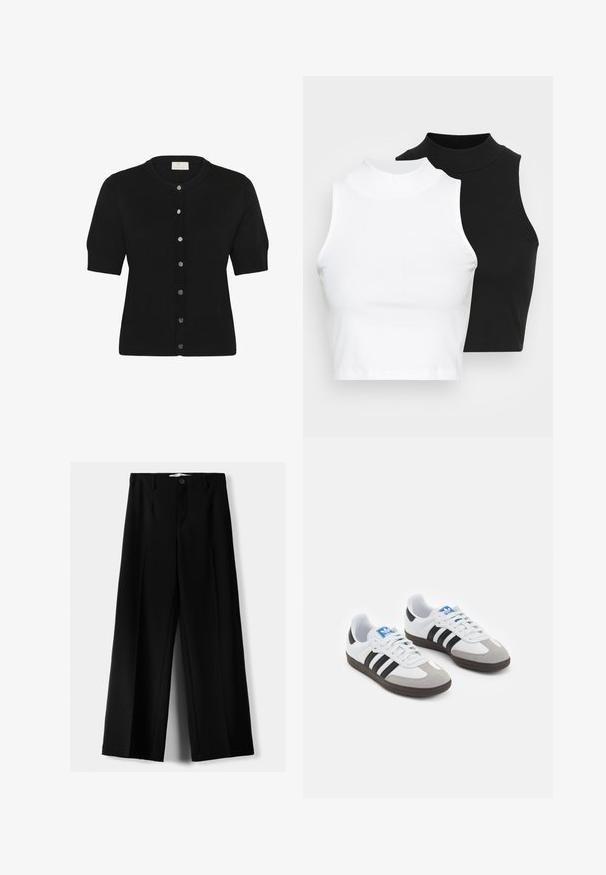 Czarny kardigan z krótkim rękawem wykonany z miękkiej dzianiny, z okrągłym dekoltem i sześcioma srebrnymi guzikami z przodu.; Dwa bezrękawnikowe golfy w kolorze czarnym i białym, charakteryzujące się dopasowanym fasonem i gładką teksturą, o skróconej długości.; Czarne spodnie szerokie, wykonane z lekkiego materiału, z zapięciem na guzik z przodu i gładkim przodem, z starannie wykończonymi brzegami.; Buty sportowe z białą skórzaną cholewką, szarym zamszowym noskiem i trzema czarnymi paskami. Posiadają niebieskie logo na języku oraz teksturowaną gumową podeszwę.