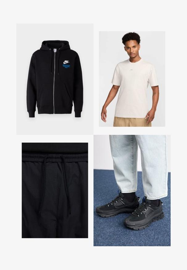 Crna zip-up dukserica izrađena od pamučne tkanine. Ima prednji logo u bijelom i plavom tekstu, dva prednja džepa i kapuljaču s vezanjem.; Muž s kratkom kovrčavom kosom nosi bež Nike majicu i khaki kratke hlače, gleda prema naprijed na jednoličnoj svijetloj pozadini.; Crne kratke hlače s pojasom na vezanje, lagani materijal s glatkom teksturom i jednostavan dizajn bez vidljivih logotipa ili uzoraka.; Crne atletske cipele s teksturiranom tkaninom i gumene potplate, s elastičnim vezicama i plavim akcentom na peti. Nosene su s svijetlim trapericama.