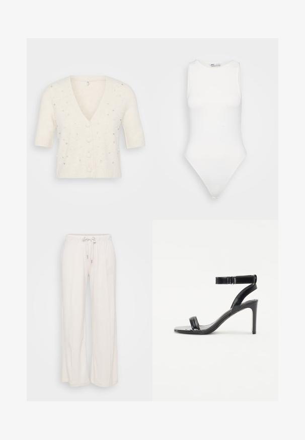 Cardigan cu mânecă scurtă, de tip V, de culoare crem, fabricat dintr-un material moale, cu embellishments decorative din perle și strassuri și închidere cu nasturi.; Body alb fără mâneci, cu guler înalt și tăietură tip thong. Textură netedă și siluetă ajustată, concepută pentru un aspect care se potrivește perfect.; Pantaloni largi de culoare bej deschis, cu talie elastică și șnur. Fabricate dintr-un material moale, cu ș183l de cusături verticale care se desfășoară pe față.; Sandalie negre cu toc, cu o finisare lucioasă, având două curele subțiri și o curea pentru gleznă, montate pe un toc subțire.