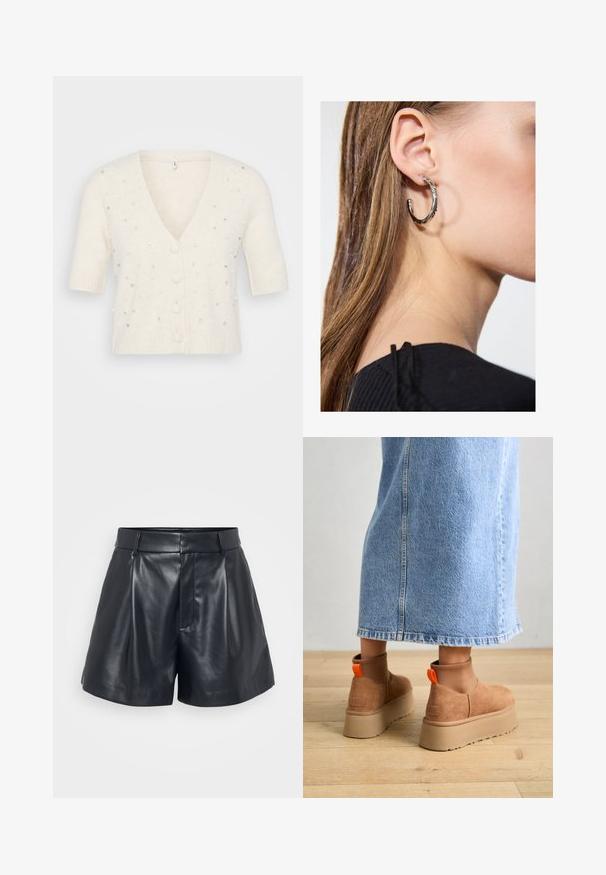 Kortermet, V-hals cardigan i kremfarge, laget av mykt materiale, med dekorative perle- og rhinestonedetaljer samt knappropp.; Even&Odd Petite 2 PACK - Topper - light grey/black; Sorte lærshorts med en glat tekstur, skræddersyet design, plisseret front og bæltestropper; har en skjult lynlås-lomme på siden.; Brune semska plattformstøvler med elastiske sidepaneler og orange rekkehalser, parret med en knelange lys denimskjørt på et tregulv.; Sølv ringøredob med en polert finish, med små gull detaljer og en rund form, båret på øreflippen.