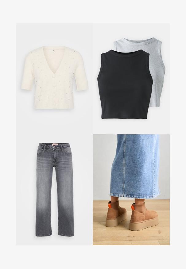 Cardigã de manga curta, com decote em V, na cor creme, feito de material suave, apresentando embelezamentos decorativos de pérolas e strass, com fecho de botões.; Even&Odd Petite 2 PACK - Top - light grey/black; Jeans de ganga cinza com um design de perna reta, estilo de cinco bolsos, desbotamento subtil e fecho de botão na cintura.; Botas plataforma em camurça castanha com painéis laterais elásticos e puxadores laranja, combinadas com uma saia de ganga clara até ao joelho, em um chão de madeira.