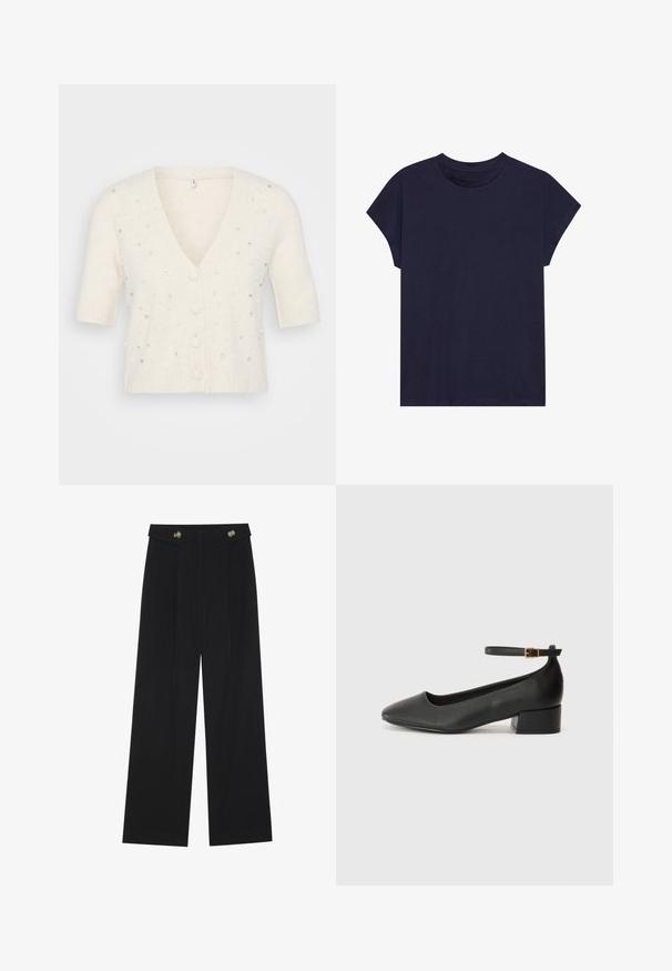 Krems krāsas īsām piedurknēm, V veida kakla apgrieze, izgatavota no mīksta materiāla, ar dekoratīviem pērļu un rhinestone rotājumiem un pogu aizdari.; Tums zilas kokvilnas krekliņš ar apaļu kakla izgriezumu un īsām piedurknēm, ar brīvu piegriezumu un gludu tekstūru. Nav rakstu vai akcentu.; Melnas platās bikses ar augstu jostasvietu, pogu detaļām uz jostas un priekšējām krokām.; Melnas ādas sūkņi ar smailu purngalu un zemu bloku papēdi. Iezīmēts ar potītes siksniņu ar zelta krāsas sprādzi. Gluda tekstūra.