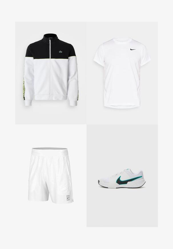 Full-zippad jacka med svart överdel, vit underdel, neongrön trim, mönstrade sidostråk och liten grön krokodil-logotyp på bröstet.; Vit kortärmad Nike-t-shirt i slät syntetisk material, med en svart logotyp på vänster sida av bröstet.; Vita sportshorts med elastisk midja, två sidofickor och en liten svart logotypdetalj framtill nere. Slät textur.; Vit idrottssko med texturerat mesh-övre, svart gummisula och turkosa Nike-logga som accent. Har snören och vadderad krage.