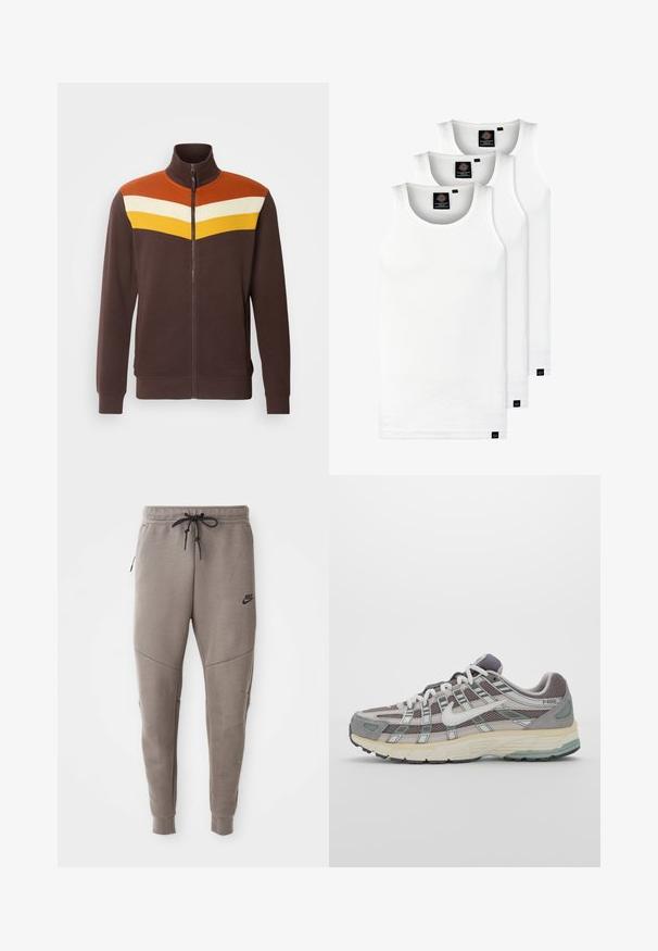 Brun zip-up jakke med høy krage, med et geometrisk design i oransje, hvitt og gult over skuldrene. Glatt tekstur.; Tre hvite ribbestrikkede tank topper laget av bomull. Har en rund hals og små svarte etiketter nær kanten. Tilgjengelig i flere størrelser.; Grå Nike joggebukser med snor i midjen, smale ben, sidelommer og distinkte sømdetaljer. Myk, teksturert stoff.; Grå treningssko med overdel i nett og semsket skinn, hvite detaljer, en polstret såle, og et særpreget design med reflekterende elementer.
