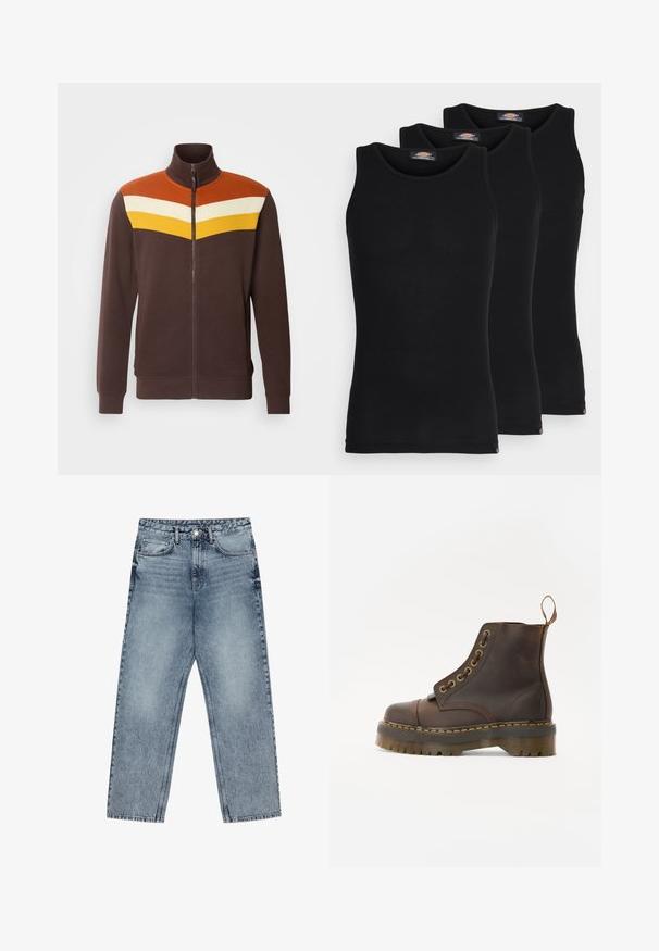 Brown zip-up jacket with a high collar, featuring a geometric design in orange, white, and yellow across the shoulders. Smooth texture.; Black tank tops in a pack of three. Ribbed texture, standard crew neckline, no sleeves. Hem features small brand logo at the bottom.; Light blue denim jeans with a straight leg cut, visible stitching, five pocket design, and a button closure at the waist.; Brown leather ankle boot with a round toe, contrasting yellow stitching, decorative metal eyelets, and a grooved rubber sole.