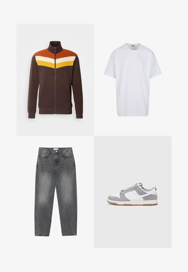 Rjava zip-up jakna z visokim ovratnikom, ki prikazuje geometrijski vzorec v oranžni, beli in rumeni barvi čez ramena. Gladka tekstura.; Bela bombažna majica s kratkimi rokavi, okroglim izrezom, sproščenim krojem in brez vidnih logotipov ali vzorcev. Gladka tekstura in minimalen dizajn.; Visoko pasovi, široke kavbojke iz obledelog črnega denima. Imajo pet žepov, zanke za pas in čisto, ravno obliko nog. ; Sive in bele teniske s suknim in usnjem zgornjim delom, zaobljenim nosom, ravnimi vezalkami in gumijastim podplatom z dodatkom gumijaste barve.
