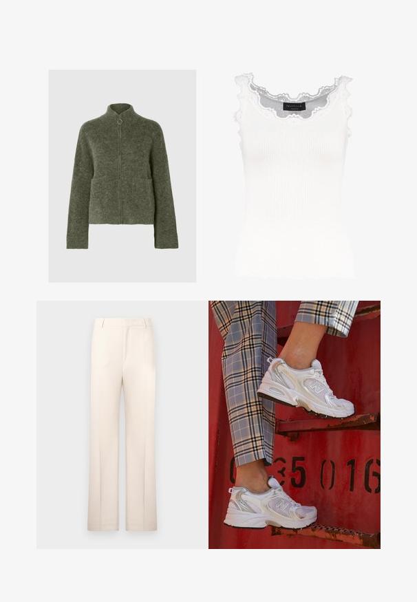 Olijfgroen, fuzzy ritsvest met een hoge kraag, twee voorzakken en lange mouwen. Ribgebreide manchetten en zoom zorgen voor textuur.; Witte geribbelde tanktop met kantafwerking op de halslijn en mouwen. Het heeft een zachte textuur en een fitted vorm. Merklabel zichtbaar aan de binnenkant.; Beige pantalon met een rechte pijp, gemaakt van lichtgewicht stof. Bevat voorplooien en een klassieke tailleband.; Witte mesh sneakers met zilveren accenten en een gestructureerde zool, gepositioneerd op een rode ondergrond, gecombineerd met gestreepte broek.