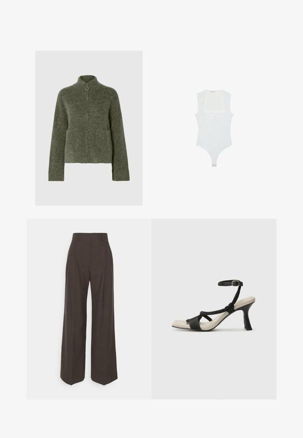 Olivovo zelený, chlpatý zipsový sveter s vysokým golierom, dvoma prednými vreckami a dlhými rukávmi. Hrebeňové manžety a lem pridávajú textúru.; Biely body s hranatým výstrihom, bez rukávov, hladkou textúrou a patentom na dne. Jednoduchý a minimalistický štýl.; Tmavohnedé široké nohavice s vysokým pásom, ktoré majú úhľadne prežehlené záhyby, hladkú textúru a strih na mieru.; Čierne sandále na podpätku s pleteným pásikom, štvorcovou špičkou a nastaviteľným remienkom okolo členka. Svetlobéžová stielka s lesklým čiernym podpätkom.