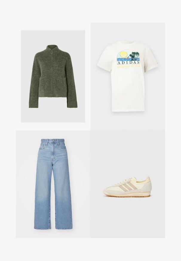 Pull en zip olive, moelleux, avec un col montant, deux poches avant et des manches longues. Les poignets et l'ourlet côtelés ajoutent de la texture.; T-shirt en coton blanc présentant un design graphique avec un soleil, des palmiers et de l'eau. "ADIDAS Sports Club" imprimé en vert et jaune.; Jean large taille haute bleu clair avec bouton et fermeture éclair à l'avant, poches avant et arrière, sur fond blanc.; Sneaker athlétique crème avec trois rayures beiges, en matériaux en suède et textile, une semelle texturée et une marque en relief sur le talon.