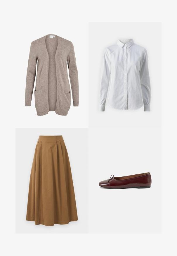 Lange beige cardigan met open voorkant, textuur gebreid stof, twee voorkwam pockets en geribde manchetten. Geen sluitingen of versieringen aanwezig.; Witte overhemd met knopen van glad katoen, met een klassieke kraag, lange mouwen en een afgeronde zoom. De knopen zijn klein en wit.; Bruine katoen A-lijn rok met een hoge taille, voorzien van plooien aan de voorkant en een gladde textuur. De zoomafwerking is schoon en eenvoudig.; Bordeaux gepatenteerd lederen ballerina met een ronde neus, een klein strikaccent aan de voorkant en een lage, zwarte rubberen zool. Glad textuur.
