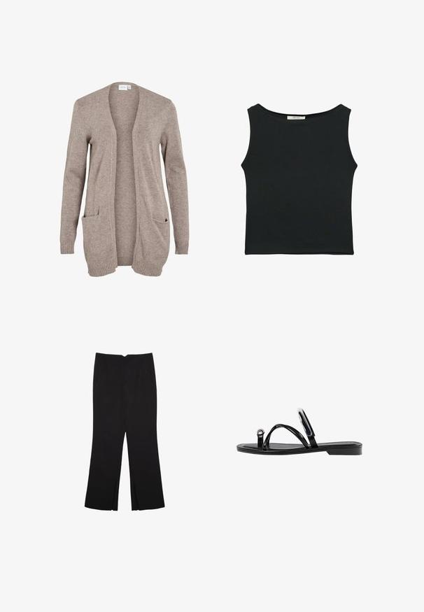 Długi beżowy kardigan z otwartym przodem, z teksturowanej dzianiny, dwa frontowe kieszenie i ściągacze przy mankietach. Brak zapięć i ozdób.; Czarny bezrękawnik wykonany z gładkiego materiału, z okrągłym dekoltem i dopasowanym fasonem, bez widocznych wzorów czy ozdób.; Czarne spodnie o prostym kroju, z przednimi kieszeniami i bocznymi rozcięciami na dole. Wykonane z miękkiego, gładkiego materiału. Odpowiednie na różne okazje.; Czarne płaskie sandały o błyszczącym wykończeniu, z trzema cienkimi paskami i okrąłym detalem metalowym na palcach. Smukły design z minimalnym obcasem.