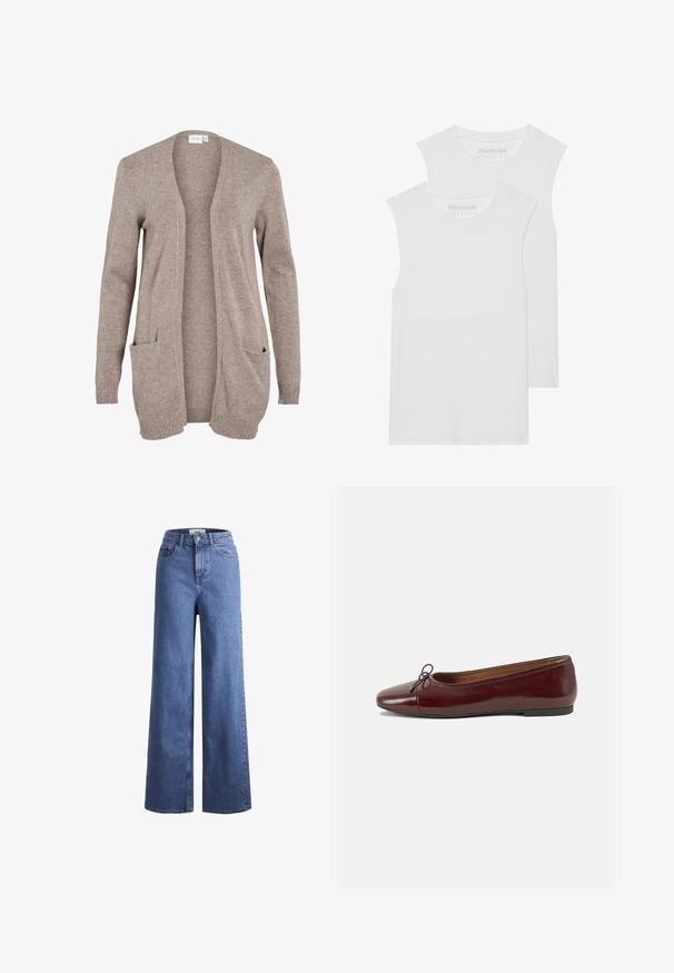 Long beige cardigan with open front, textured knit fabric, two front pockets, and ribbed cuffs. No fastenings or embellishments present.; Two white sleeveless T-shirts made of soft cotton fabric, featuring a rounded neckline and no visible patterns or hardware.; Light blue denim wide-leg jeans with a high waist, two front pockets, and visible stitching. Features a button and zipper closure.; Burgundy patent leather ballet flat with a rounded toe, small bow accent at the front, and a low, black rubber sole. Smooth texture.