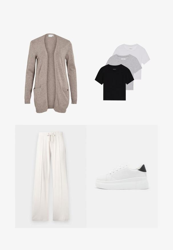 Hosszú bézs színű kardigán, nyitott elülső résszel, struktúrált kötött anyagból, két elülső zsebbel és bordázott mandzsettákkal. Nincsenek rajta záródások vagy díszítések.; Három rövidujjú póló készlet fekete, szürke és fehér színben. Pamutból készült, kerek nyakú, egyszerű, egyszínű dizájnnal.; Világos bézs színű, puha anyagból készült melegítőnadrág, állítható derékkal, széles lábakkal és függőleges varratokkal, sima felülettel.; Fehér platform sportcipők sima szintetikus anyagból, lekerekített orral, fűzős kialakítással és texturált gumitalppal. Fekete sarokdísz.