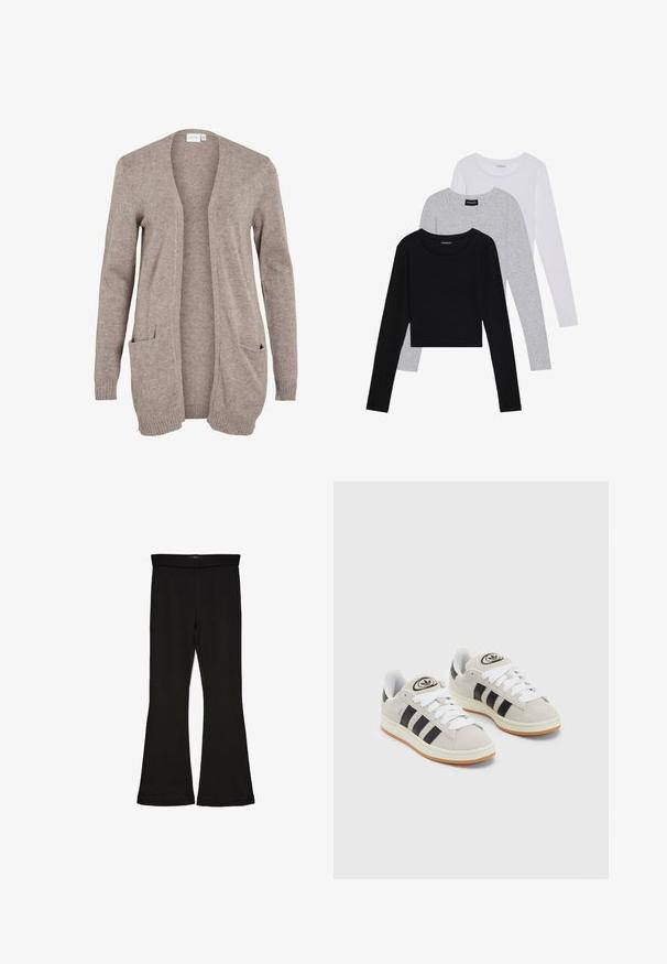 Garšs beige kimono ar atvērtu priekšu, strukturēts adījuma audums, divas priekšējās kabatas un ribotas piedurknes. Nav aizdaru vai dekoratīvu elementu.; Trīs garām piedurknēm veidotas augšdaļas, sakrautās: melna, pelēka un balta. Katram ir noapaļots kakla izgriezums un īsa dizaina forma ar gludu, vieglu audumu.; Melnas flared leggings, kas izgatavotas no stiepjama auduma. Iezīmējas ar platu jostasvietu un gludu tekstūru, ar pieguļošu siluetu, kas paplašinās pie apakšmalas.; Pelēkas zamšādas kedas ar baltām saites, melnām svītrām un baltu gumijas zoli. Raksturīga apļa logo uz mēles un gumijas zole.