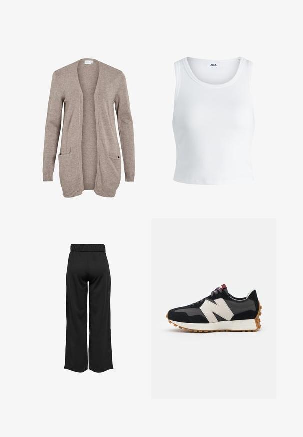 Lång beige cardigan med öppen front, strukturerad stickad tyg, två framfickor och ribbade ärmslut. Inga knäppningar eller prydnader.; Vit ribbade linne med rund halsringning, ärmlös design och kort längd. Märket säger "JJXX." Slät tygkvalitet.; Svarta, vida byxor med elastisk midja, tillverkade av en mjuk tyg. Har en ren design utan fickor eller synliga sömdetaljer.; Svart och grå mocka sneaker med en stor krämfärgad "N"-logotyp, lila snören och en texturerad gummisula.