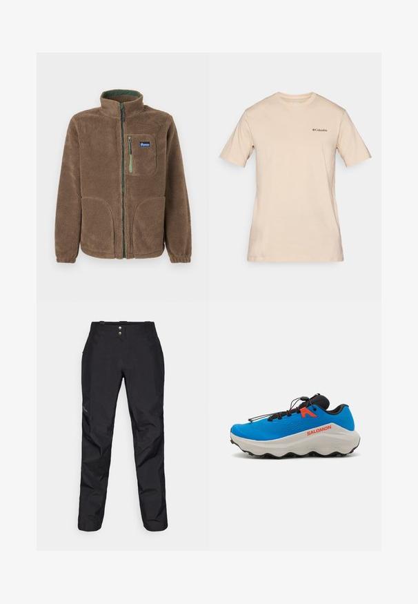 Barna, teljes hosszúságú, cipzáras polárruha magas gallérral, két alsó zsebbel, egy mellzsebbel zöld cipzárral és Penfield logóval.; Beige, rövid ujjú pamut póló, bal mellején egy kis fekete Columbia logóval. Klasszikus kerek nyakkivágású kialakítás.; Fekete, vízálló nadrág sima textúrával, két elülső gombbal és tapered lábformával. Oldalt logóval díszítve.; Kék sportcipő textúrált felsőrésszel, fekete díszítésekkel, párnázott fehér talppal és állítható fűzőrendszerrel a biztos illeszkedés érdekében.