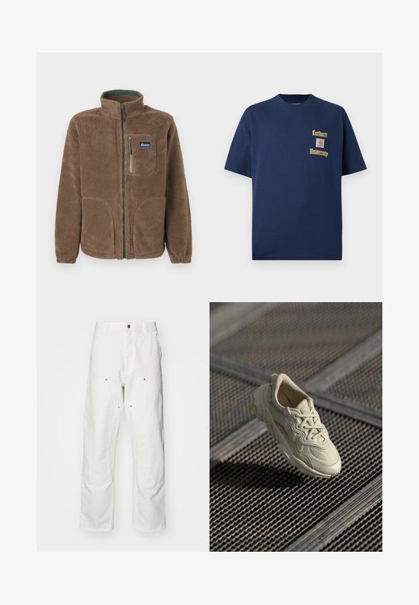 Hnědá fleecová bunda na zip s vysokým límcem, dvěma dolními kapsami, jednou náprsní kapsou se zeleným zipem a nášivkou Penfield.; Námořnická modrá bavlněná tričko s krátkým rukávem, se zlatým textem "Carhartt University" a nášivkou na levé hrudi.; Bílé bavlněné cargo kalhoty s volným střihem. Vlastnosti zahrnují přední kapsy, zlaté kovové detaily a zpevněné oblasti na kolenou.; Beige teniska s texturovanou tkaninou, kontrastními hladkými akcenty, zaoblenou podrážkou a tkaničkami, zavěšena nad mřížkovaným povrchem.