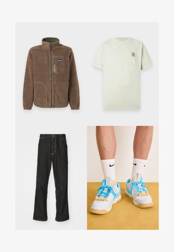 Browns pilnībā atverams fliša jakas ar augstu apkakli, divām apakšējām kabatām, vienu krūšu kabatu ar zaļu rāvējslēdzēju un Penfield logotipa uzlīmi.; Gaiši zaļš kokvilnas t-krekls ar īsām piedurknēm, apaļu dekoltē un mazu kvadrātveida uzlīmi ar logo kreisajā krūtī. Mīksta tekstūra.; Melni džinsi ar brīvu piegriezumu, ar kontrastējošu baltu diegu, pogu aizdari un taisnu kāju dizainu.; Gaiši zili sporta apavi ar brūnu zoli, ar izteiktiem tirkīza šņorēm un dzeltenām akcentiem. Tekstūrēti materiāli un redzama gaisa amortizācija.