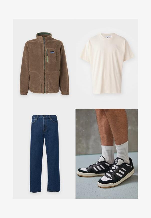 Brun fleecejacka med hel dragkedja och hög krage, två nedre fickor, en bröstficka med grön dragkedja och Penfield-logotyp.; Krämfärgad bomulls-t-shirt med rund halsringning och korta ärmar; har en liten, ljusfärgad logotyp på bröstet.; Mörkblå raka denimjeans med framfickor och knappstängning, visade mot en enkel vit bakgrund.; Svartvita sneakers med ovandel i mocka och läder, med tre vita ränder, perforerad tå och sula av gummigummi.